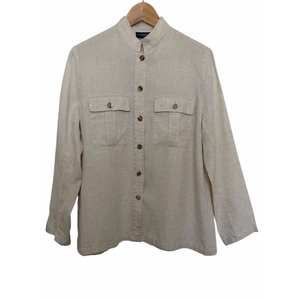 Liz Claiborne Linen Button Long Slv Shirt Shacket Womens M Beige Pocket Relaxed